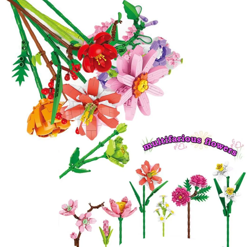 Flower Tulips/Rose/Sunflower/Daisy Decoration Mini Building Blocks Ornaments Potted Plants Puzzle Model Bricks Toys Girls Gift