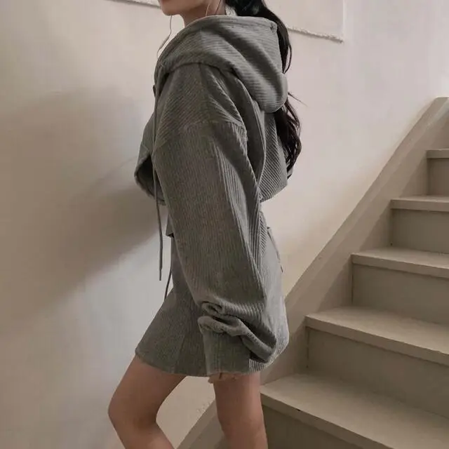 Korean CHic Corduroy Two-piece Skirt Sets Women Hoodie Crop Top Coats Bodycon Mini Skirt Autumn Winter New Outfits Casual Suit