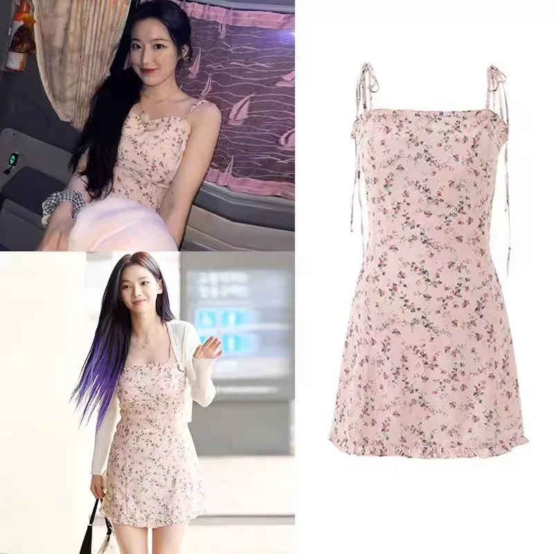 

Korean Women High Street Elegant Sleeveless Floral Sling Dress Holiday Fashion Backless Strap Sexy Slim Mini Women Dresses