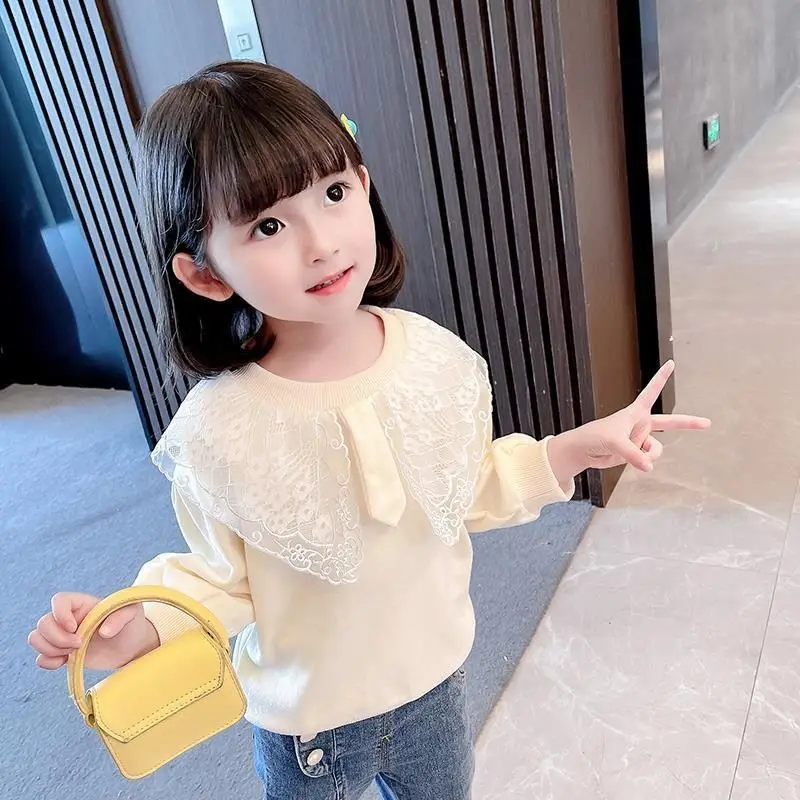 Child Girl T-shirt Long Sleeve Crew Neck Spring Autumn Casual Fashion All-match Solid Color Lace Comfortable Tops t shirt cotton t shirt kids t shirt