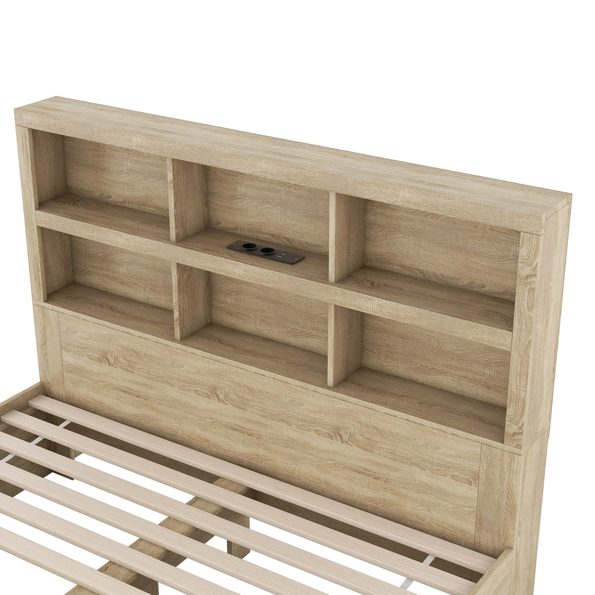 160*200cm Doppelbett, Spanplatte, Kingsize-Plattformbett mit zwei Schubladen am Fußende des Bettes, Kopfteil mit Stauraum – Detail 13