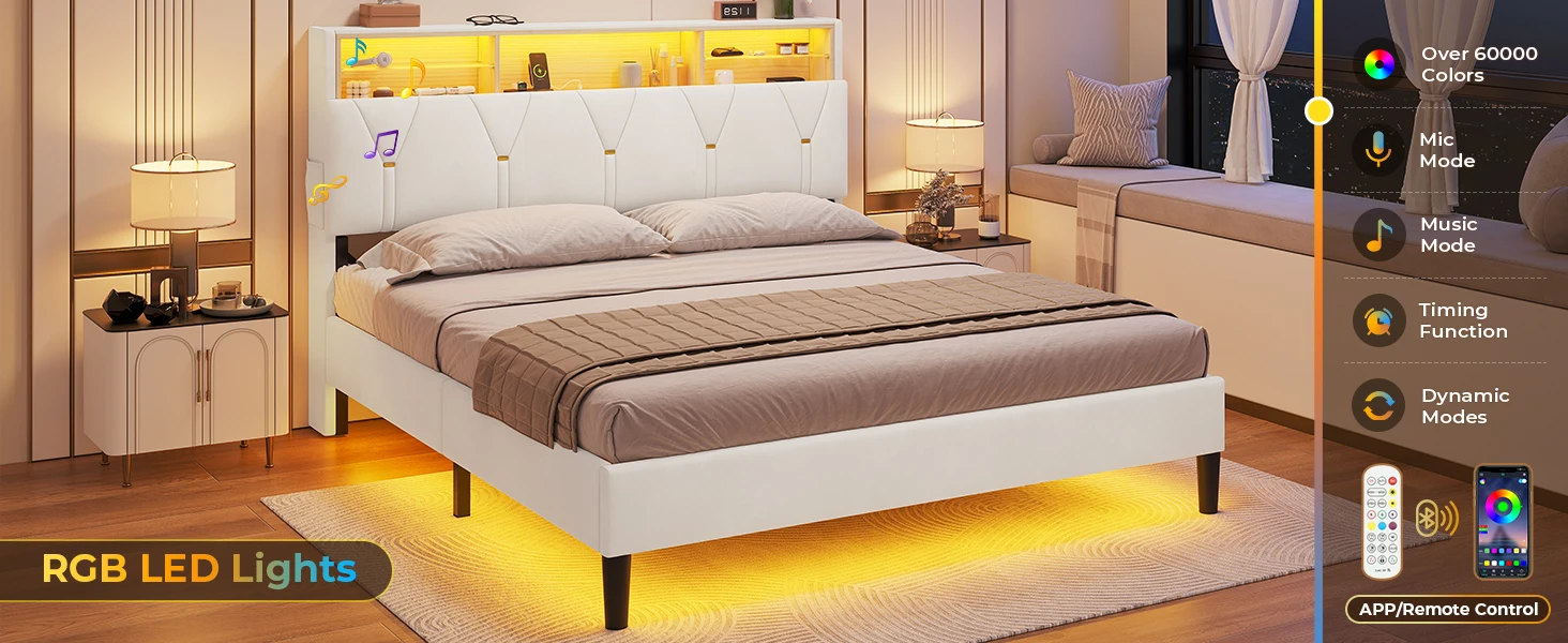 Description Picture 4 of itemLED Bed Frame with Type-C & USB Charging Station,Bed Frame with Storage Headboard,Modern Velet Upholstered Platform Bed with