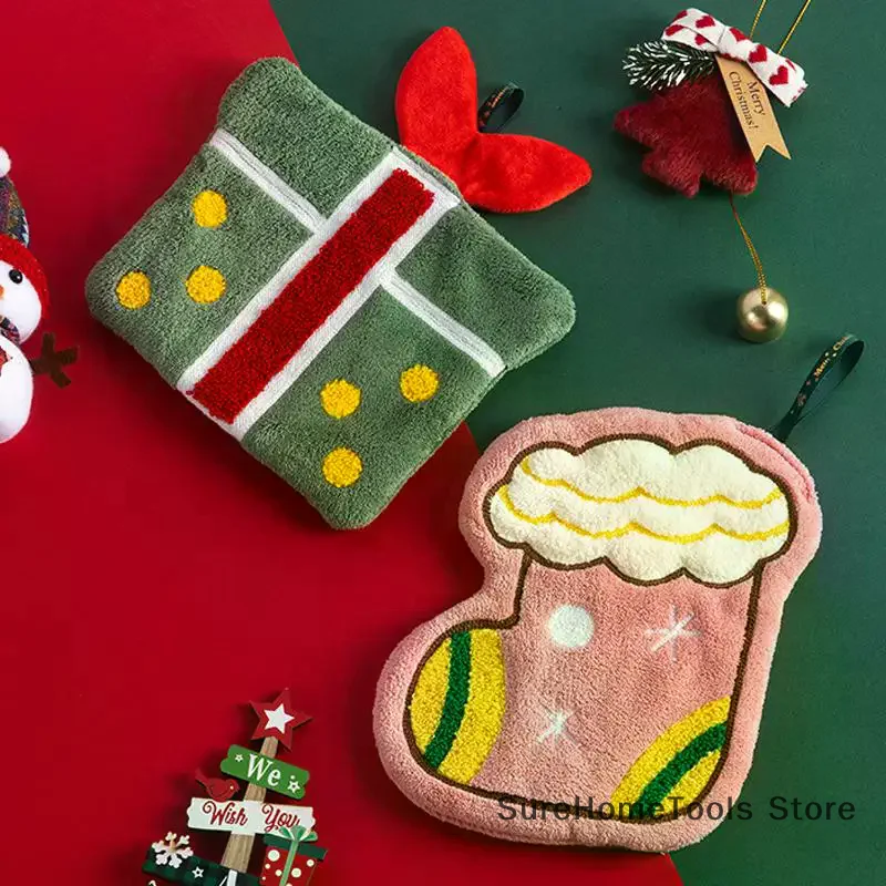 Christmas Coral Fleece Hand Towel Cartoon Gingerbread Man Snowman Tree Soft Absorbent Home Kitchen Bathroom Cleaning Cloth