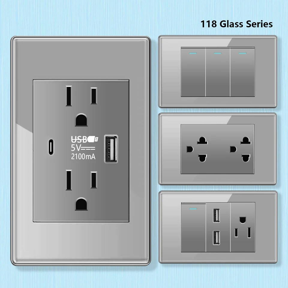 Tomada Usb Dupla Parede 2way Painel Interruptor de Luz Vidro Temperado Cinza Usb Tipo-c Tomada de Energia Eua México Thai American Standard