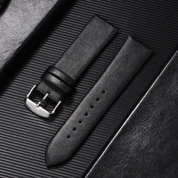 Elegant Vintage Brown Slim Leather Watch Strap - Ultra - Thin Wrist Band - 22mm (Black)