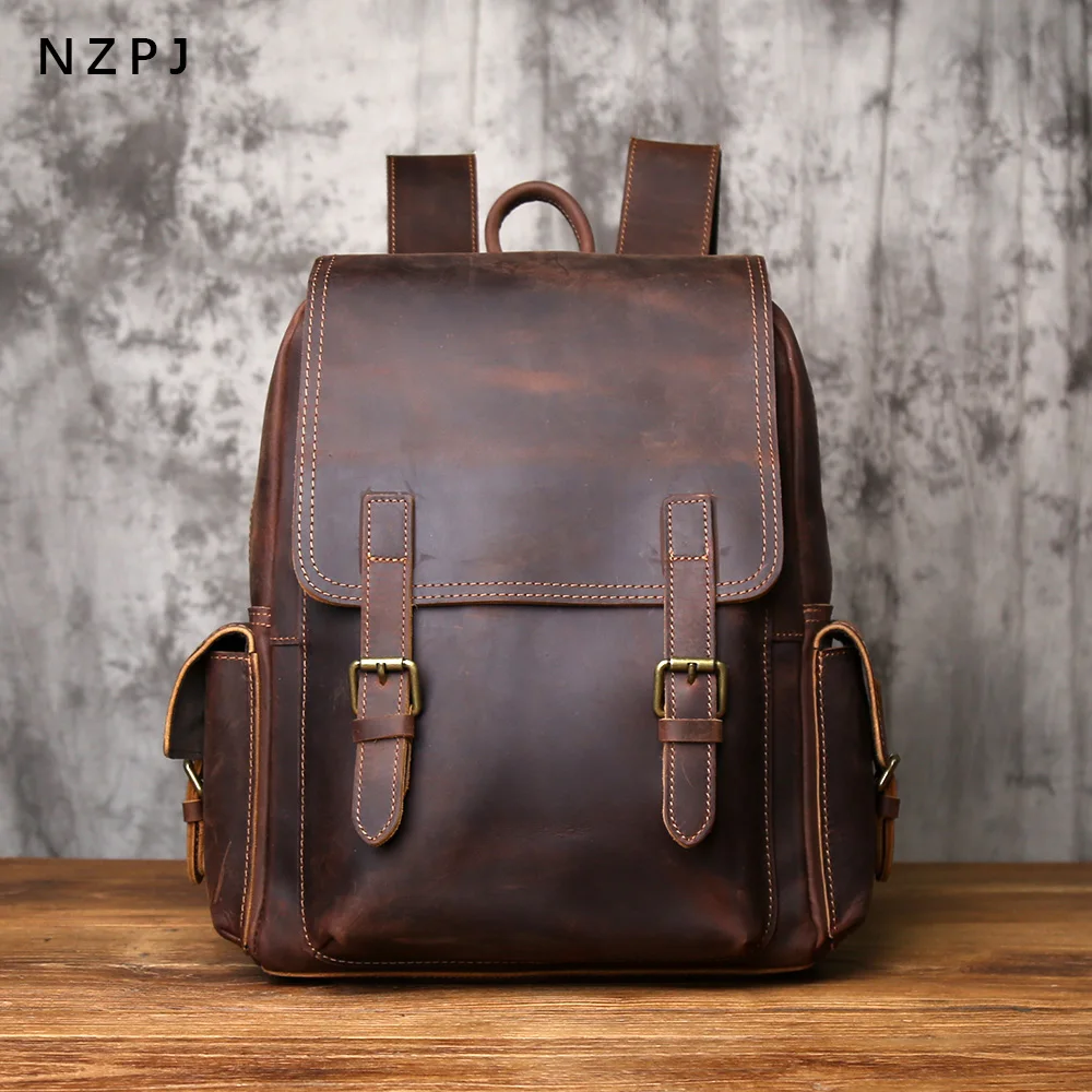 NZPJ Vintage Genuine Leather Men Backpack Large Capacity Top-Grain Cowhide Backpack Casual Trendy Crazy Horse Leather Laptop Bag