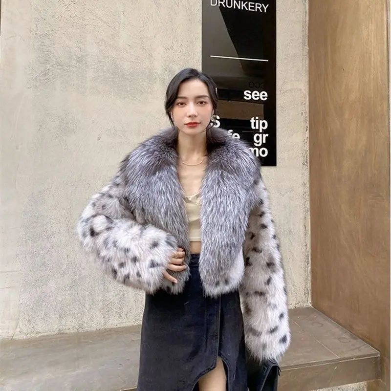 여성용 인조 실버 여우 모피 코트, 레오파드 패턴, 모조 밍크 모피 재킷, 큰 모피 칼라 파카, 가디건 플로킹 탑, 겨울