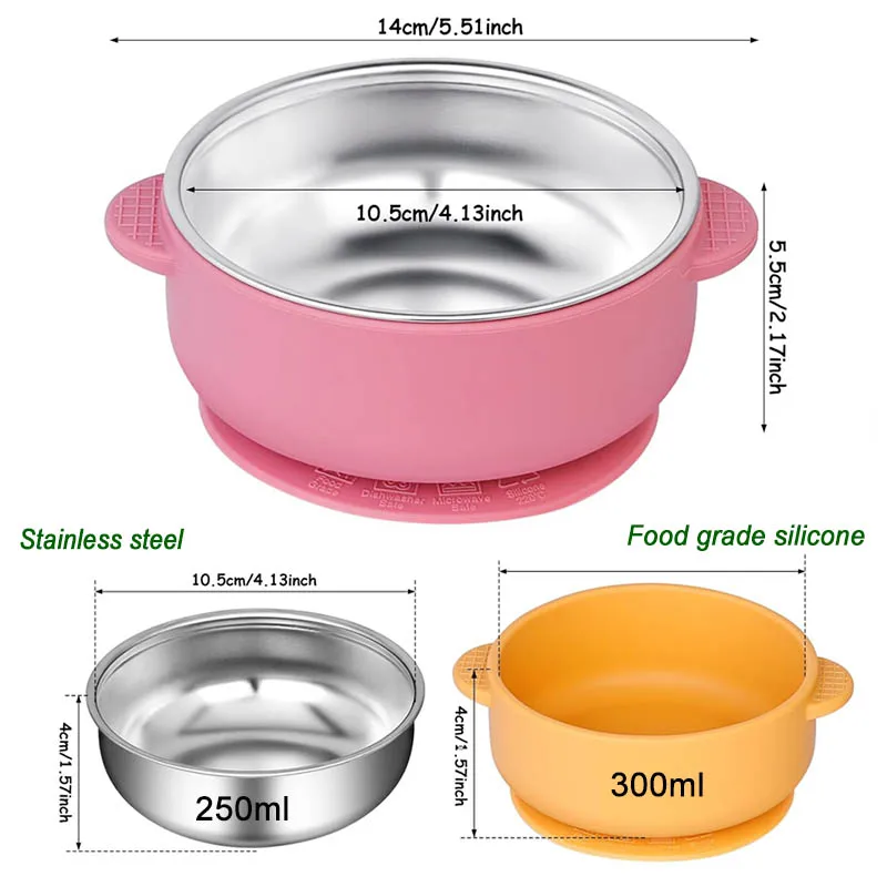 Silicone Sucker Bowl Detachable Stainless Steel Bowl Baby Feeding Tableware Infant and Baby Learning To Eat Silicone Feeding Set