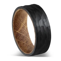 Hammered Ring Black Faceted Steel Barrel Solid Wood Ring Tungsten Men ring Wedding Band 1