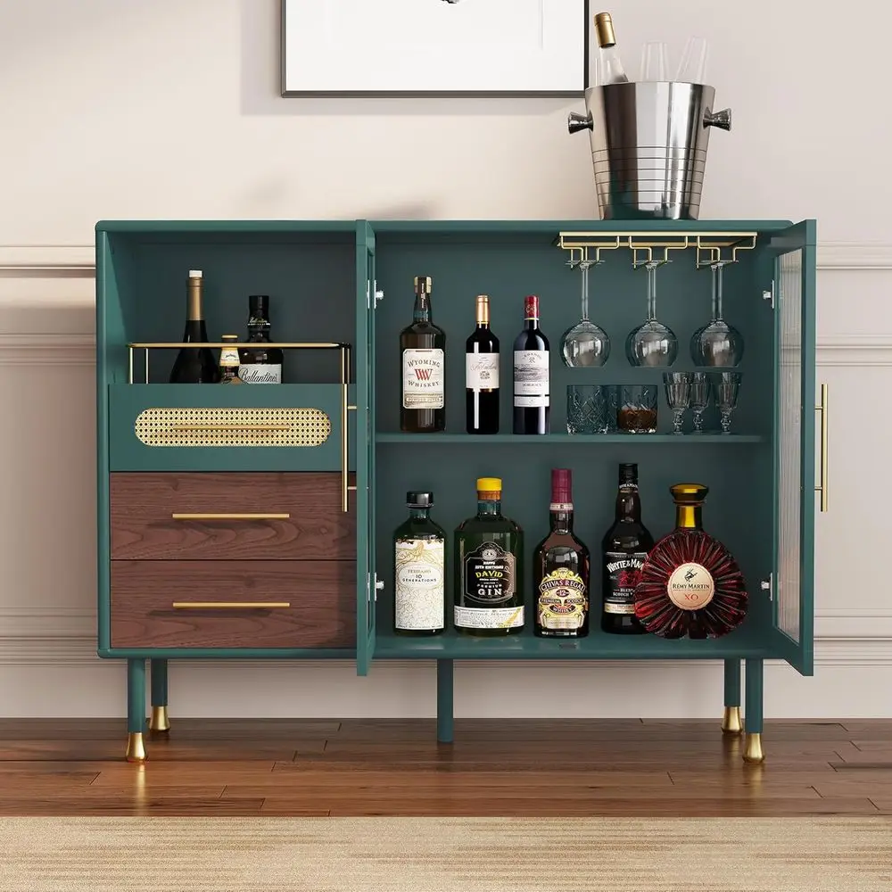 Green 48 Coffee Bar Cabinet with Pull-Out Wine Racks, Storage Drawers, and Serving Sideboard for Kitchen, Dining, and Living Roo
