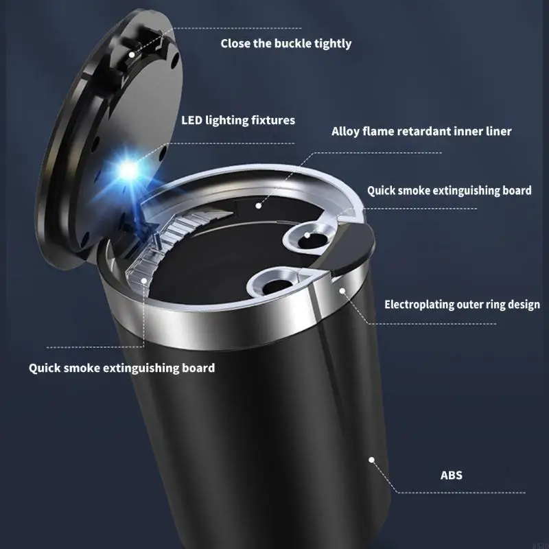 r53d ABS 무연 애쉬 스트레이 (LED Light Light 휴대용 자동차 Ashtray 뚜껑이있는 뚜껑이있는 간단