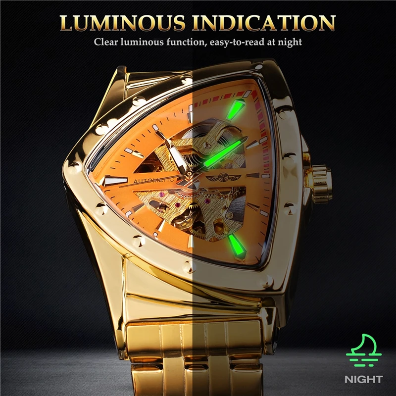 Winner 395S Nuovo orologio da polso meccanico da uomo in acciaio inossidabile dorato impermeabile sportivo da uomo con scheletro triangolare trasparente_voghion.com