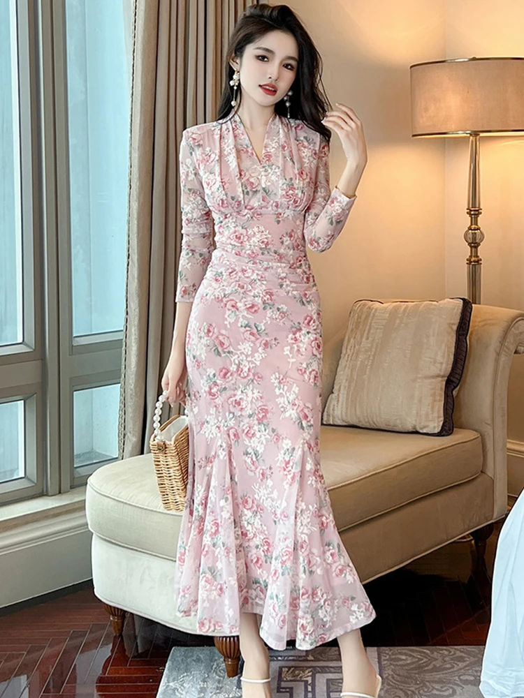 

French Vintage Long Dress Woman Gentle Style Pink Print Flower Mesh Folds Fishtail Robe Party Prom Vestidos Coffee Break Spring