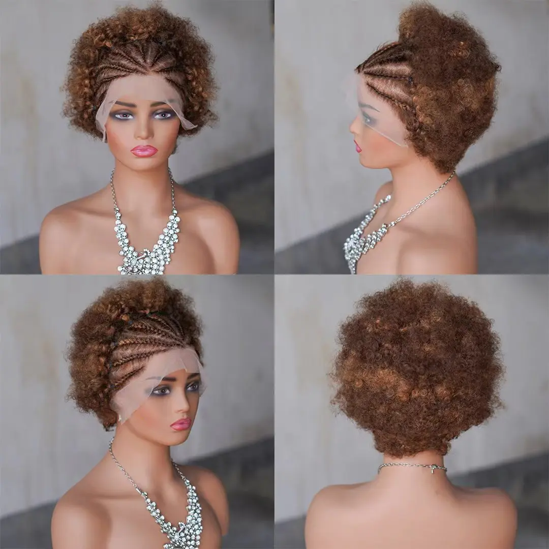 13x4 Full Lace Afro Braided Wig for Women African Wig Cornrow Braids Lace with Baby Hair 8 Inch Short Kinky Curly Braid Wigs