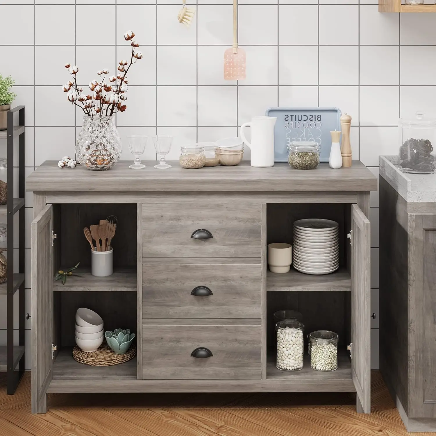 

Buffet Doors Wood Sideboard with 3 Drawers and 2 Doors,Retro Cabinet Handles,Adjustable Shelf for Living Room,Ash Grey