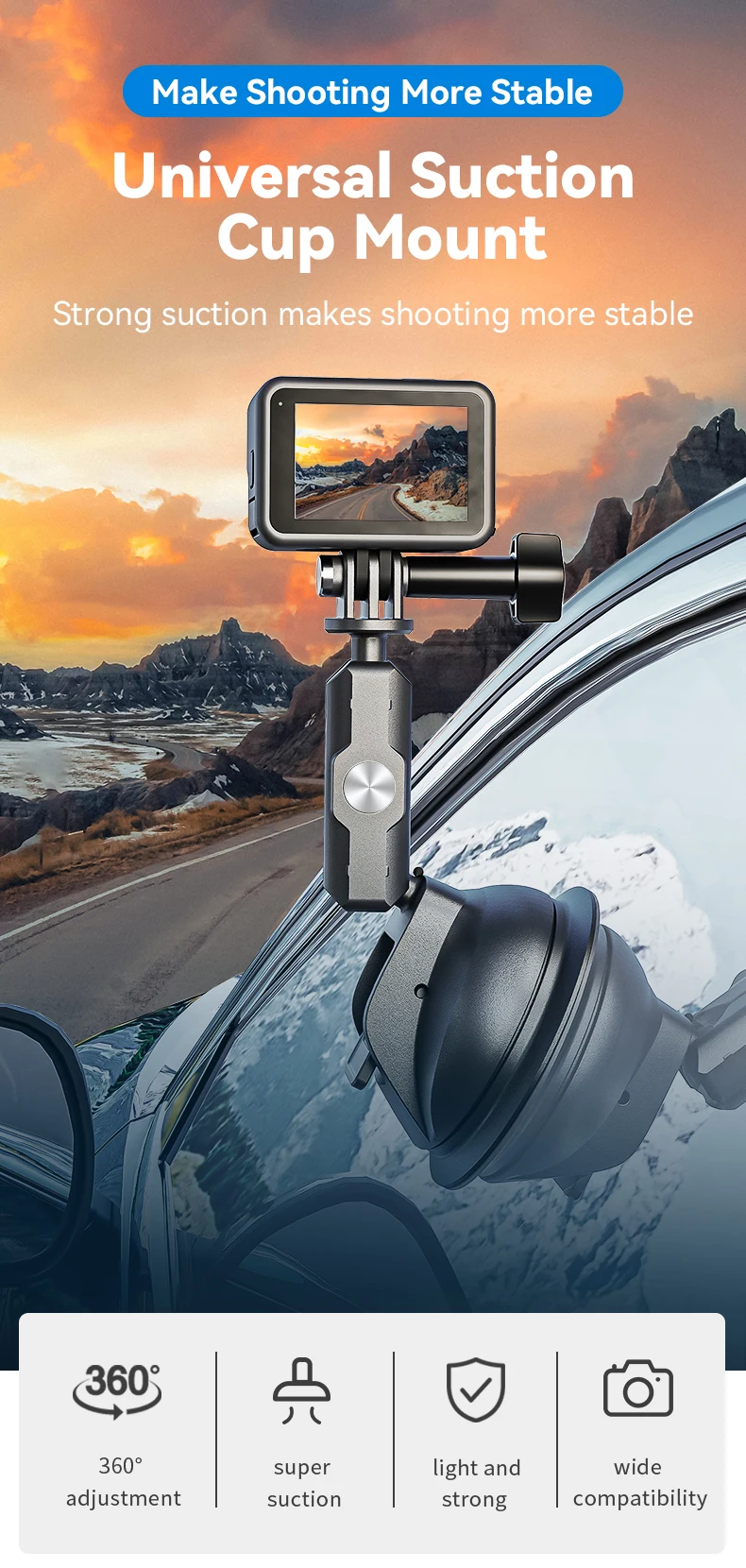 TELESIN Car Phone Action Camera Holder Suction Cup 360 Adjustable 1/4 Standard A