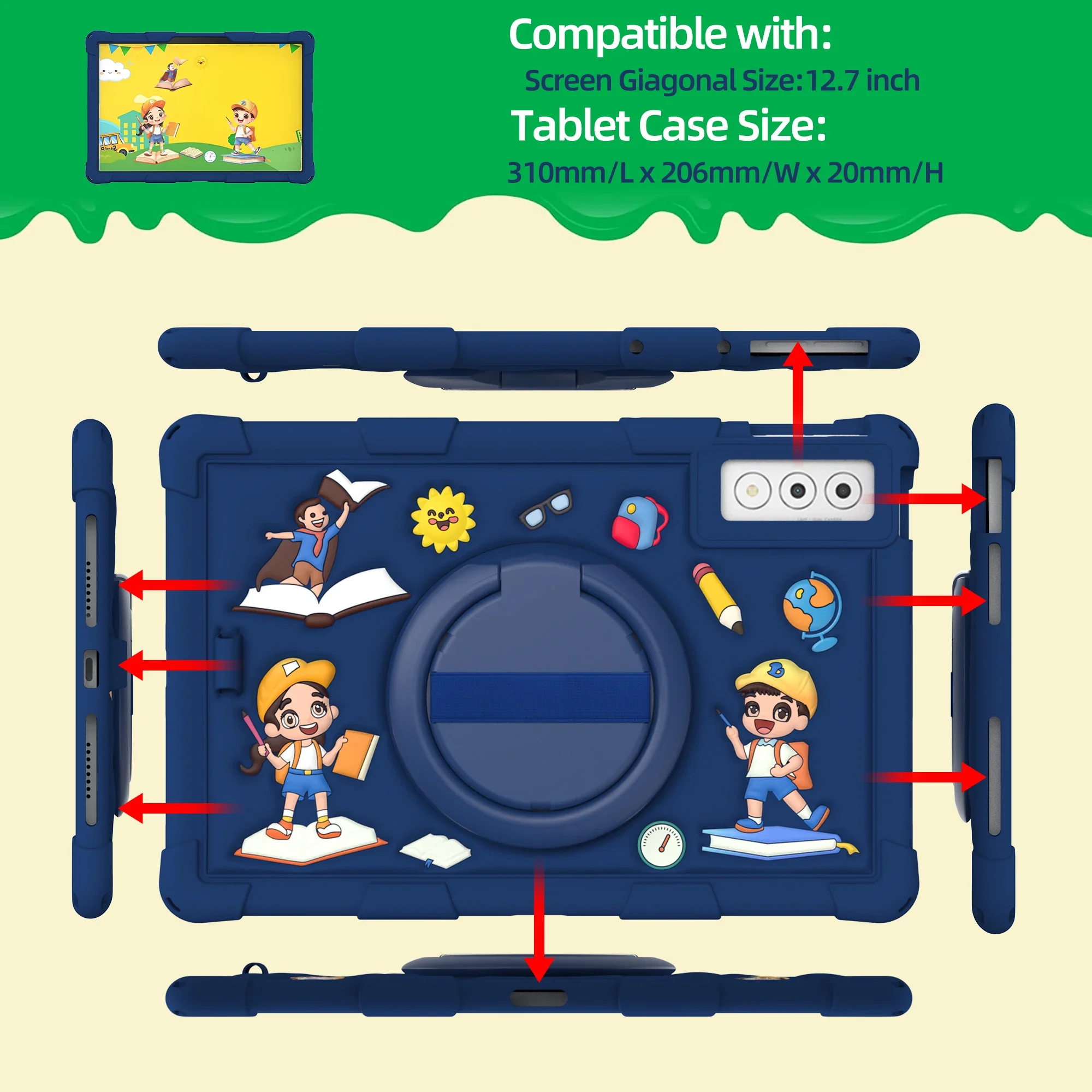 Cartoon Kids Tablet Case with Strap and Pen Holder