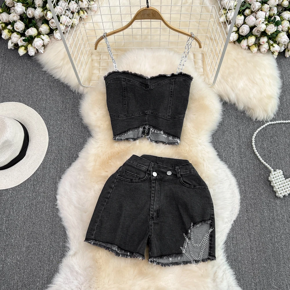 

Vintage Women Denim Suits Fashion Strapless Tops And Ripped Hole Raw Edge Wide Leg Jeans Shorts 2Pcs Set Female Summer Clothes