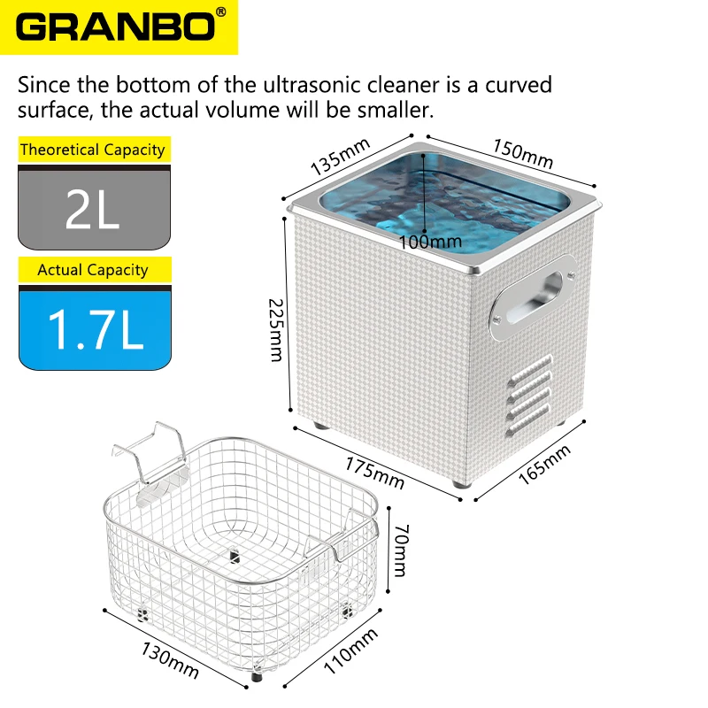 Granbo 소형 물체용 초음파 클리너, 전원 SUS304 욕조, 2L, 120W, 40KHz, 80 ℃ 가열 타이밍, 30 분