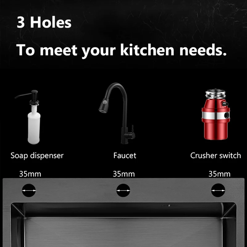 3 Holes 304 Stainless Steel Topmount Kitchen Sink Single Bowl Dark Black-Gray Wash Basin For Home Fixture Drain Accessories