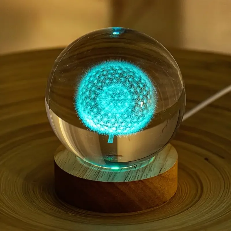3D Laser Crystal Ball Night Light Decoration – Dandelion Carved Glass Sphere