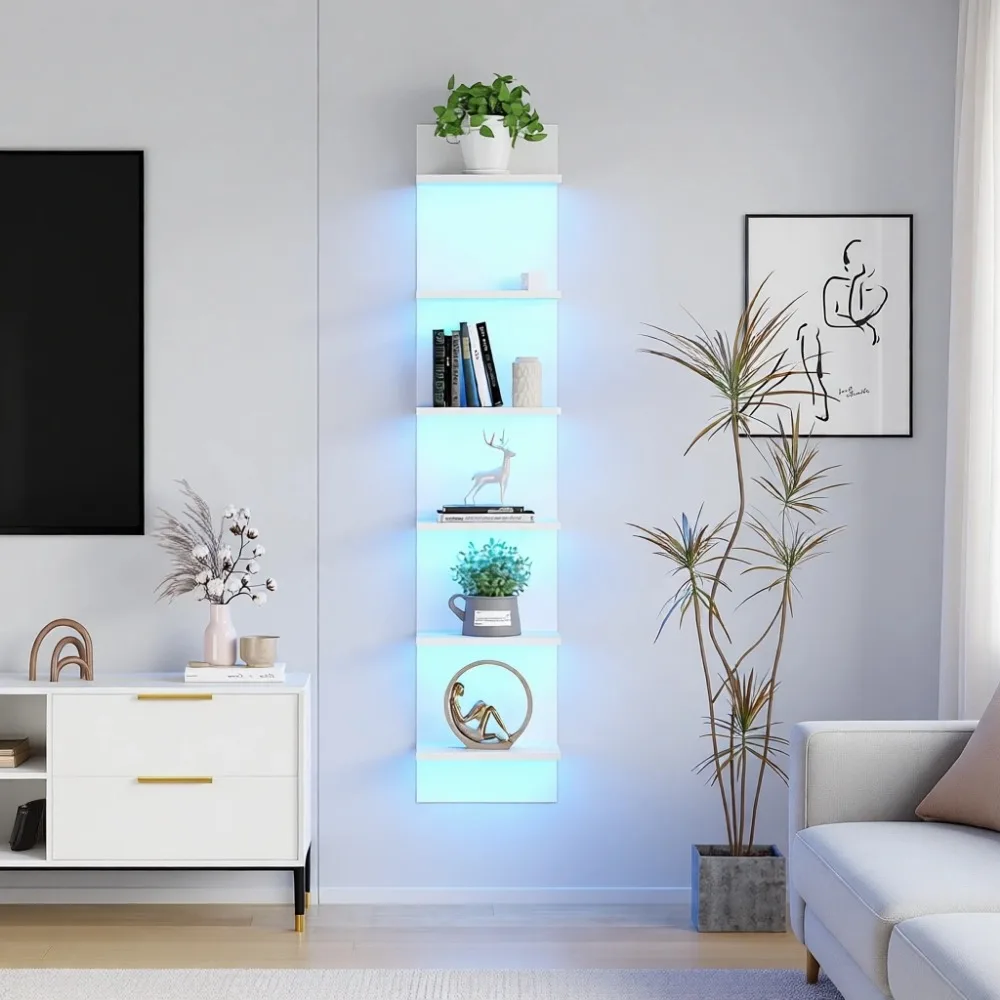 6 Tier Floating Wall Shelf with LED Lights Bedroom Living Room Storage ...