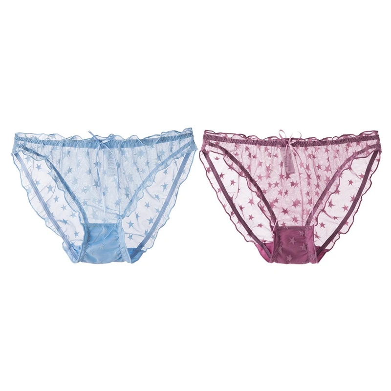 2 Pcs Women's Underwear Traceless Breathable Underpants Dots Thin Panties Fashion Lace Panties, Light Blue L & Purple M