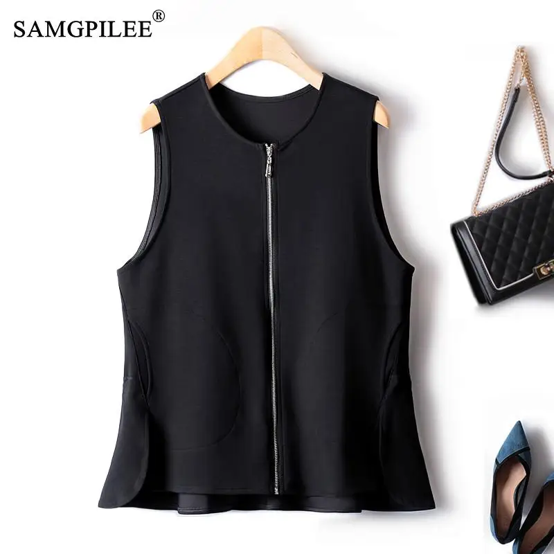 

Модные элегантные Жилеты для женщин, женские топы, I-образная молния, плиссированная черная приталенная куртка без рукавов, жилет, женский жилет 4XL