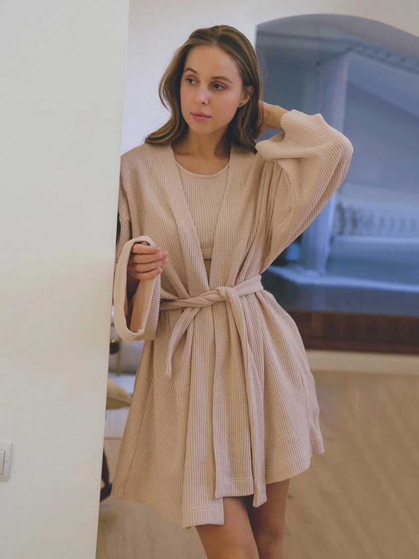 Marthaqiqi Home Clothes For Women Sexy V-Neck Sleepwear Long Sleeve Bathrobe Lace Up Robe Mini Dress Winter Casual Ladies Female