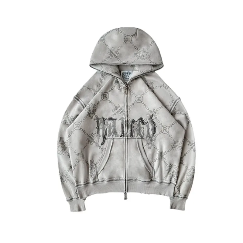 

American fashion brand Y2K men women fashion print sweater hooded street hiphop niche design loose zipper hooded couple suit