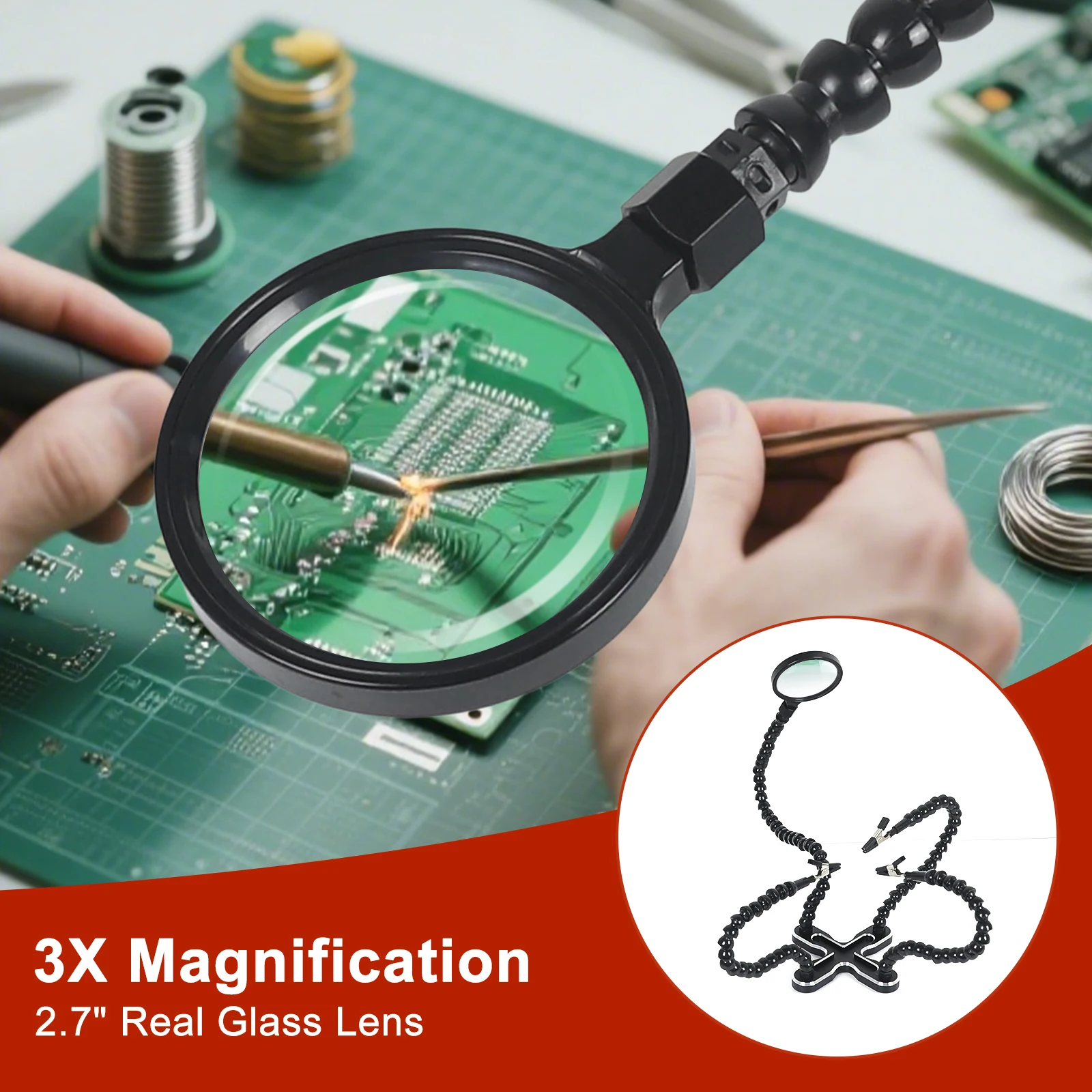 NEWACALOX PCB 용접 브래킷 3X 확대 렌즈 플렉시블 암 납땜용 세 번째 도우미 손 도구 용접 고정 장치 키트