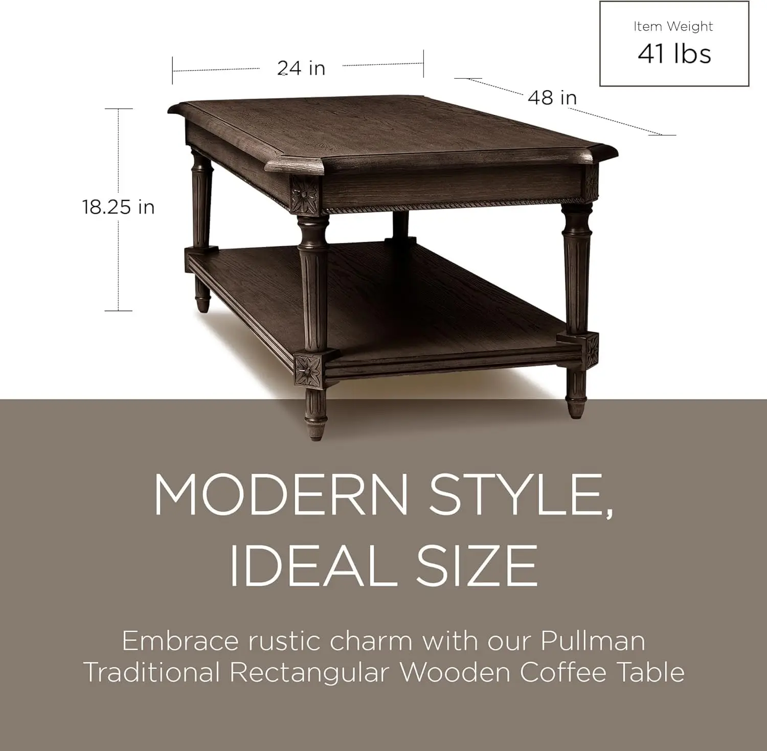 Pullman Large Rectangular Wooden Coffee Table in Antiqued Brown 2 Tier Traditional Center Shelf Storage Rustic Finish