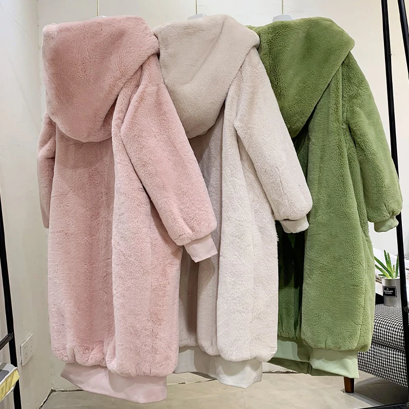 Winter Fashion Runaway Luxury Brand Long Faux Fur Coat Women Jacket Zip Hooded Thick Warm Fake Rabbit Fur Plush Overcoats