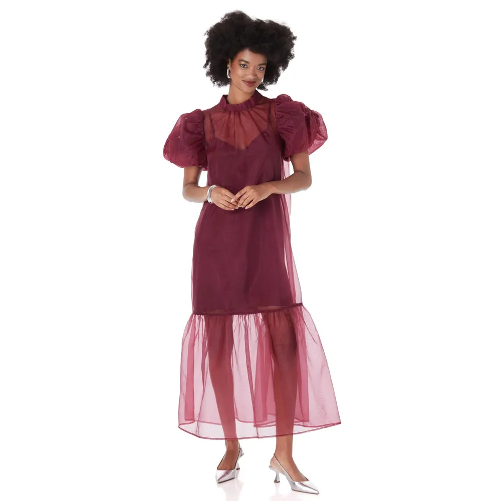 

Modest Burgundy See Thru Organza Women Maxi Dresses High Collar Short Puffy Sleeves 2 Pieces Female Gowns Dress