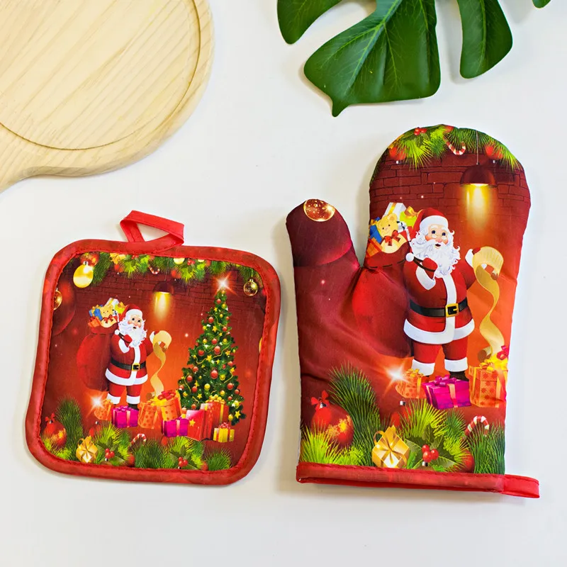 Kitchen Heat-resistant Heat-resistant and Heat-insulating Gloves with Cute Christmas Print Decoration Suitable for Ovens