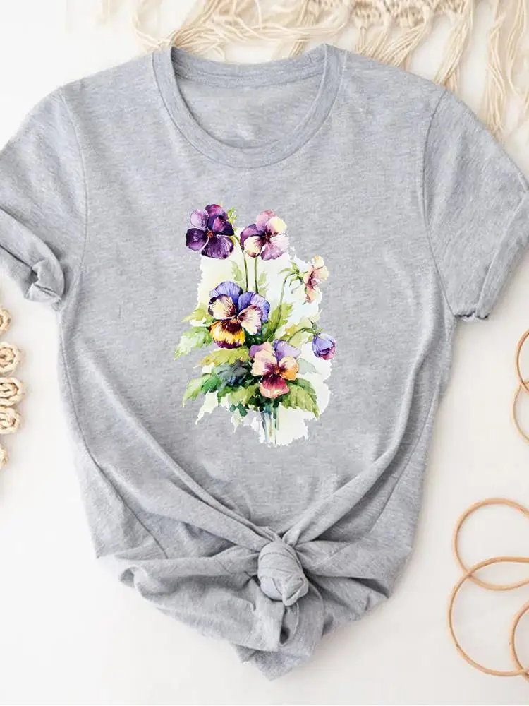 Women Clothing Print Gray T Shirt Short Sleeve Summer Top Plant Flower Trend Fashion Clothes Basic Tee Graphic T-shirt