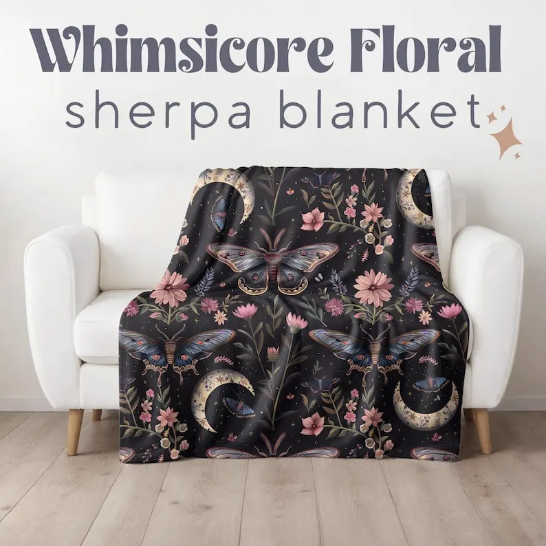 Aesthetic Botanical Whimsicore Forestcore Fleece Sherpa Blanket, Soft Throw for Halloween, Moon Phases Lunar Moth Witchy 4