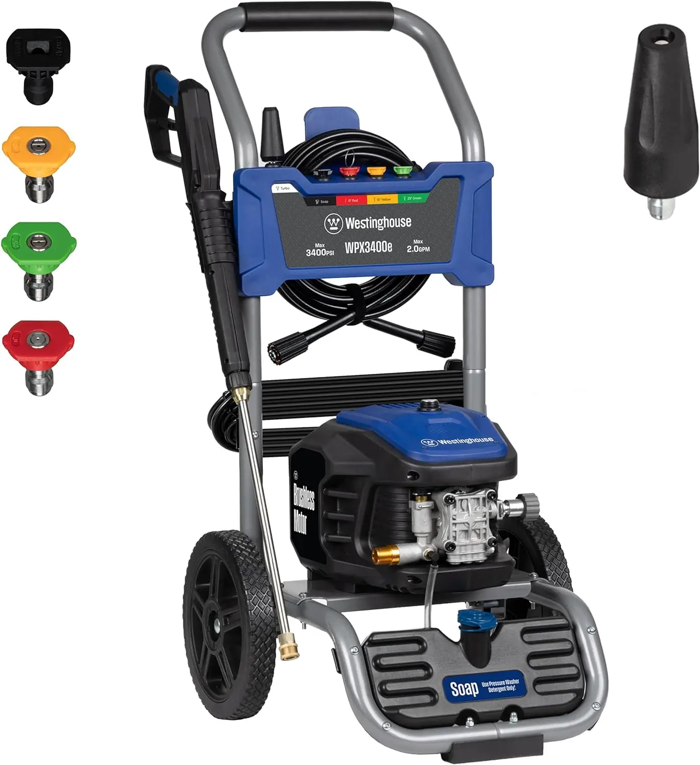 

Westinghouse WPX3400e Electric Pressure Washer,3400 Max PSI and 2.0 Max GPM,Brushless Motor,Onboard Soap Tank,Spray Gun and Wand