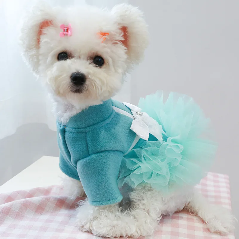 

Autumn and Winter Pet Clothes Thickened Warm Dress Small and Medium-sized Dog Woolen Coat Mesh Skirt Chihuahua Yorkshire Poodle