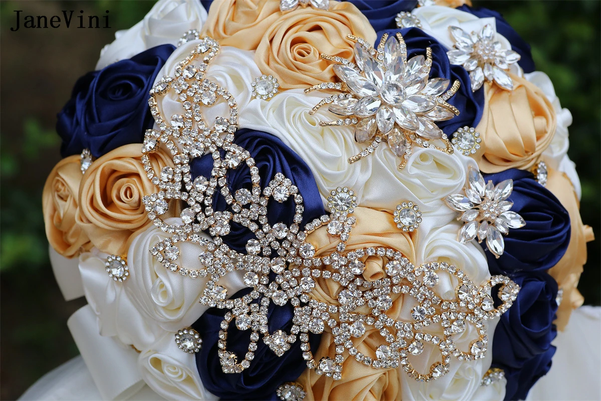 JaneVini Navy Blue Wedding Bouquets with Golden Rhinestones Artificial Satin Roses Bridal Bridesmaid Bouquet Flowers
