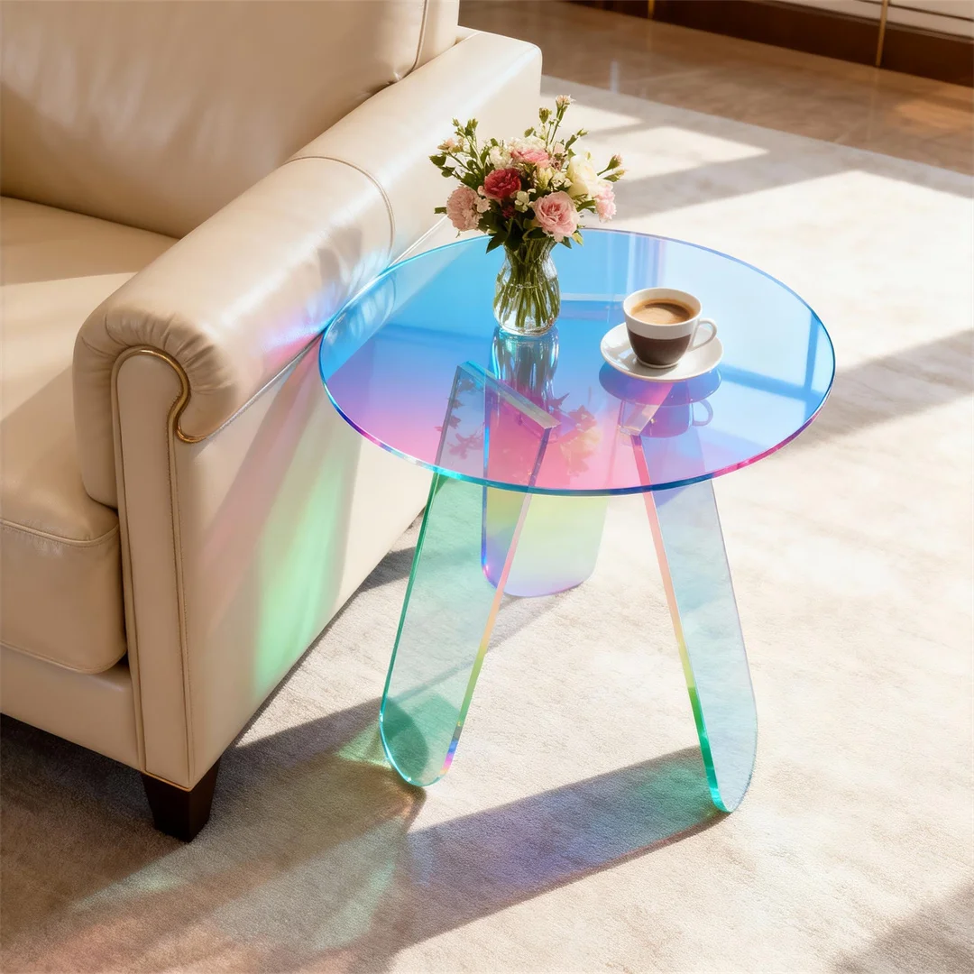 Acrylic Side Table: Round Iridescent Rainbow End Table with PVC Table Cover, Acrylic Side Table for Small Spaces, Living Rooms, Bedroom Nightstand