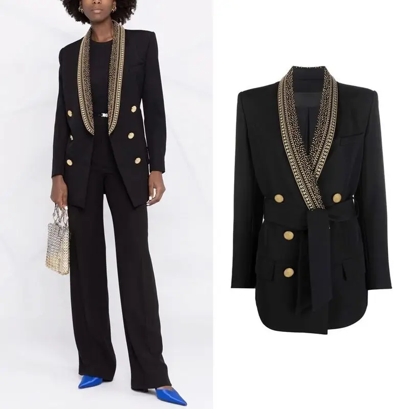 

2022 Spring And Autumn European And American Fashion Stars New Hot Metal Belt Green Fruit Collar Middle Long Women's Suit Coat