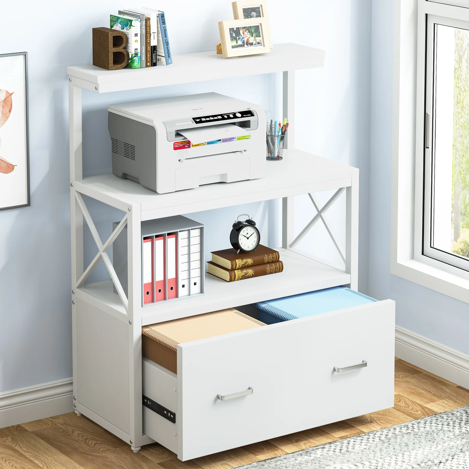 

Tribesigns Lateral File Cabinet Modern Filing Cabinet with 1 Large Drawer, Printer Stand with 3 Open Storage Shelves