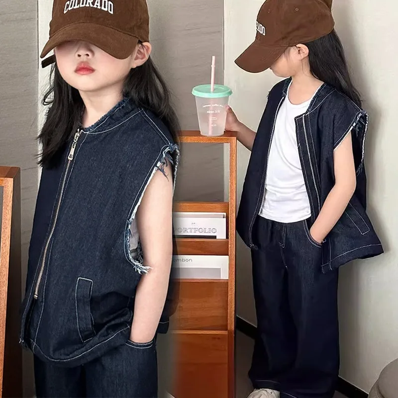 

Girls Denim Suit Fashion Sleeveless Waistcoat Jeans Two-piece Blue Casual Kids Boutique Outfits School Teen Kids Clothes Set 8 Y