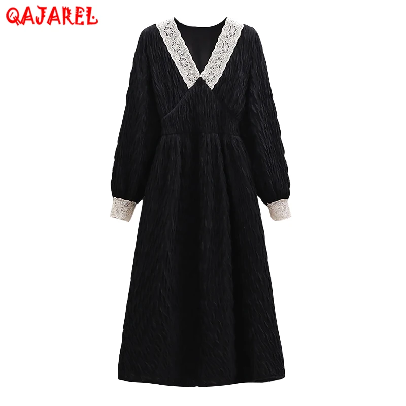 

Spring Autumn Black Long Sleeve Lace V-Neck Midi Dress Women Korean Vintage Hepburn Dress 2023 New Elegant Bodycon Party Dresses