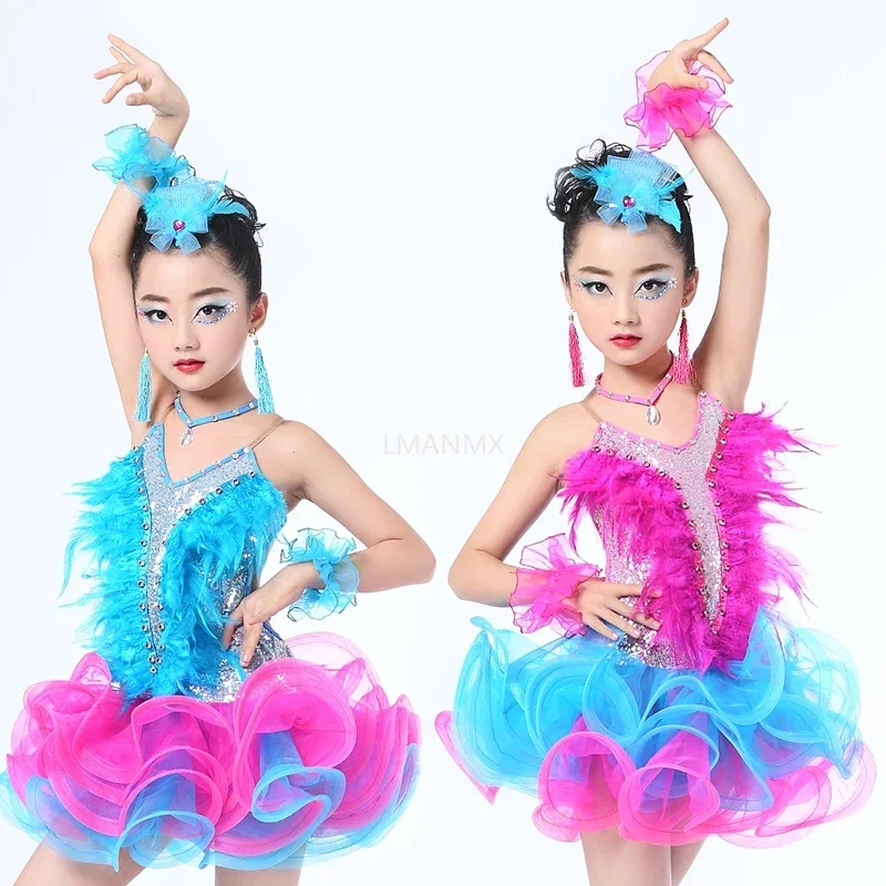 Children Professional Latin Dance Dress for Girls Ballroom Dance Competition Dresses sequin feather New fringed Latin dance dress