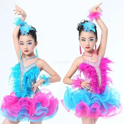 Children Professional Latin Dance Dress for Girls Ballroom Dance Competition Dresses sequin featherNew fringed Latin dance dress