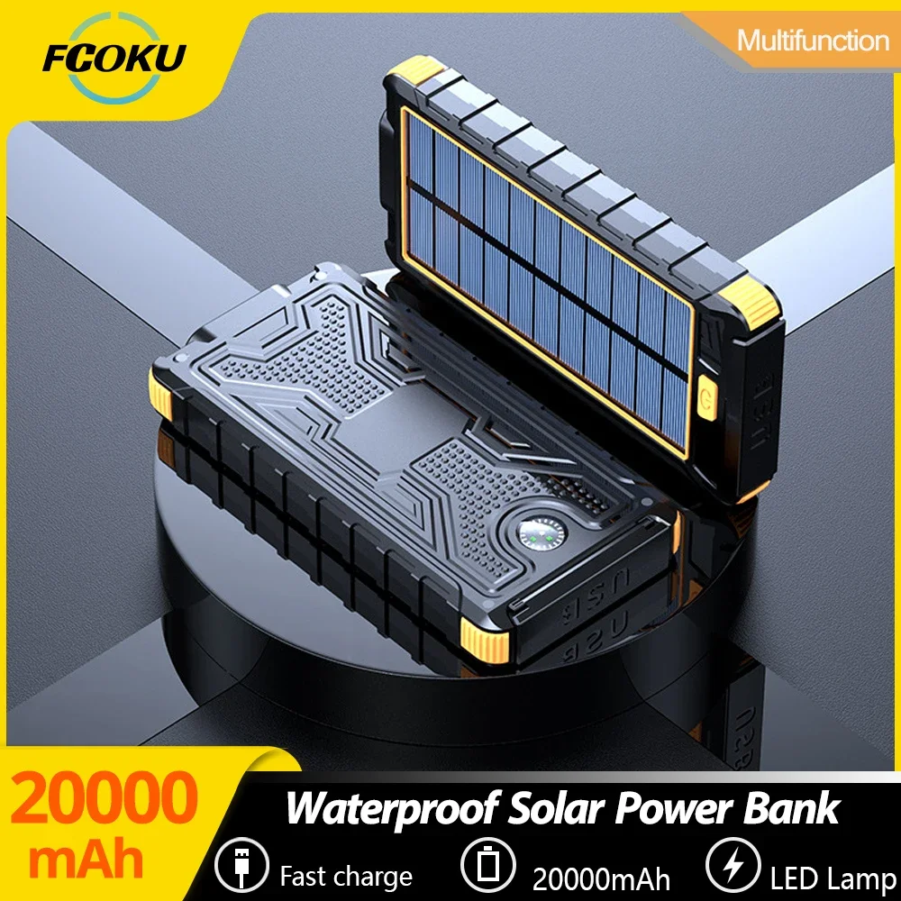 

FCOku Solar Power Bank 20000mAh Fast Charging Compass Outdoor Waterproof Belt External Battery Flashlight For iPhone Samsung Hot