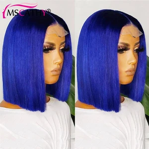 Blue Colored Lace Frontal Wigs Short Straight Bob Brazilian Human Hair Wigs For Women HD Transparent Lace Part Wig Preplucked