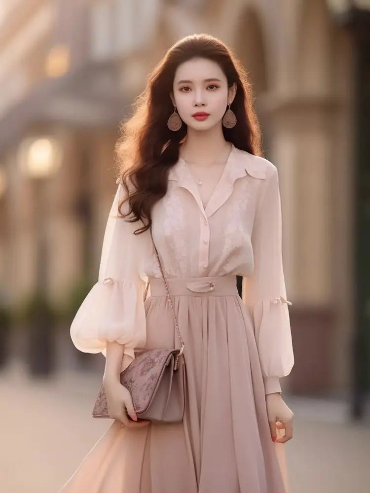 Spring Autumn Fashion Two Pieces Set Women Single-Breasted Lantern Sleeve Shirt Tops + High Waist A Line Midi Skirt Suits